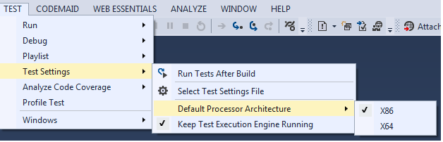 Set the correct platform for your unit tests in Visual Studio