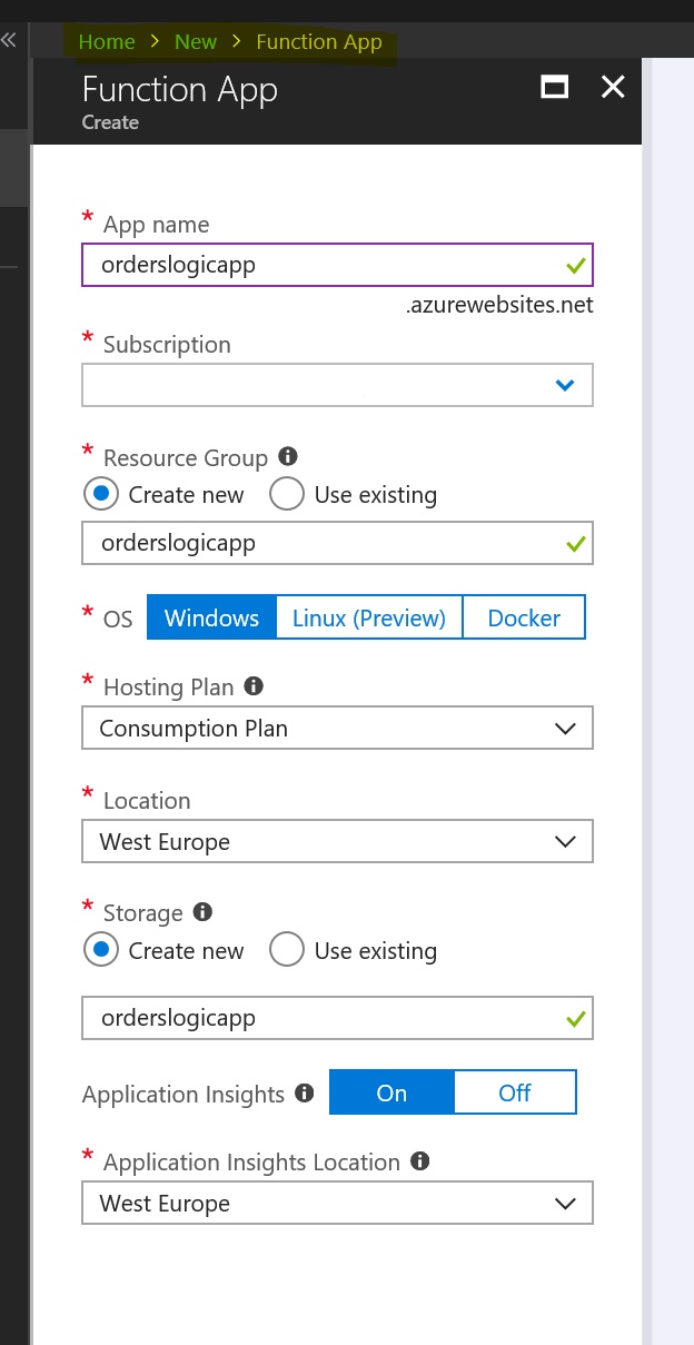 Create a new Function App in the Azure Portal