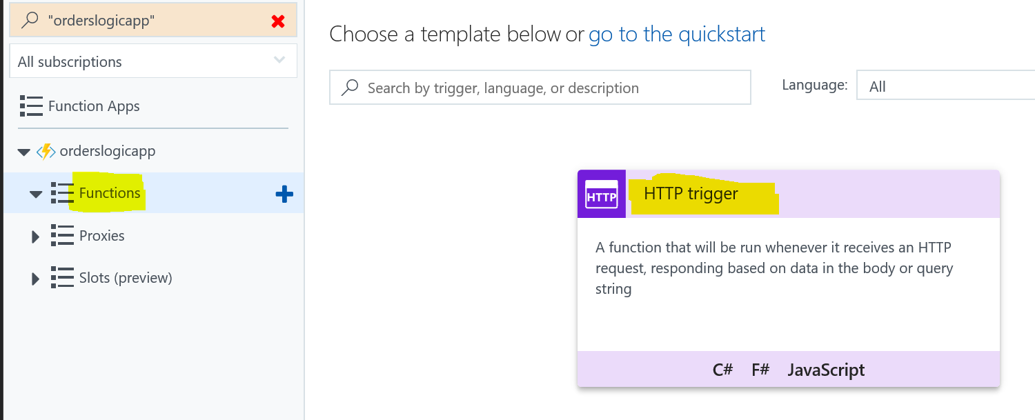 Create a new HTTP Trigger Function in the Azure Portal