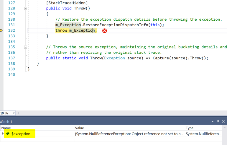 The $exception variable in Watch List of Visual Studio