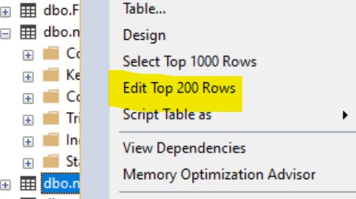 Edit top 200 rows option in MSSQL Management Studio