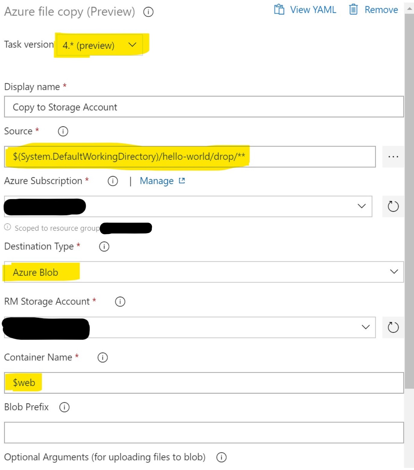 Edit the settings of the Azure file copy task