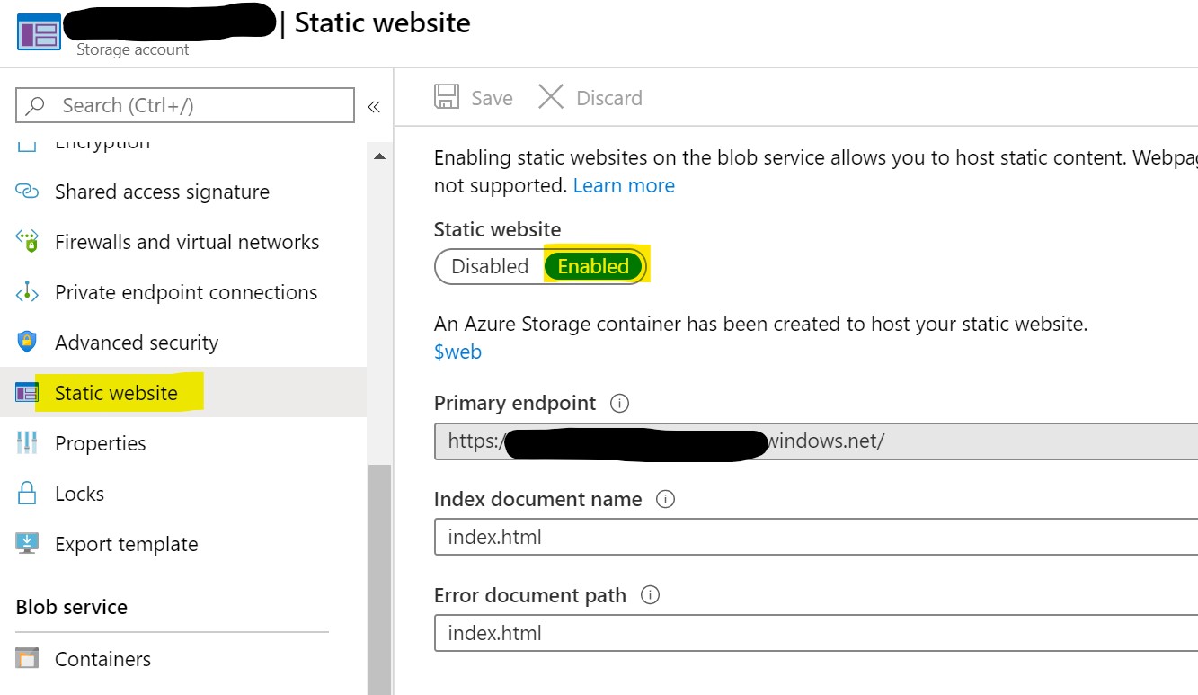 Static website configuration in the Storage Account