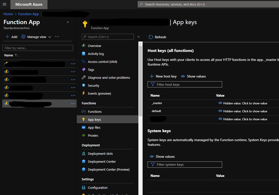 App keys dialog in Azure Portal