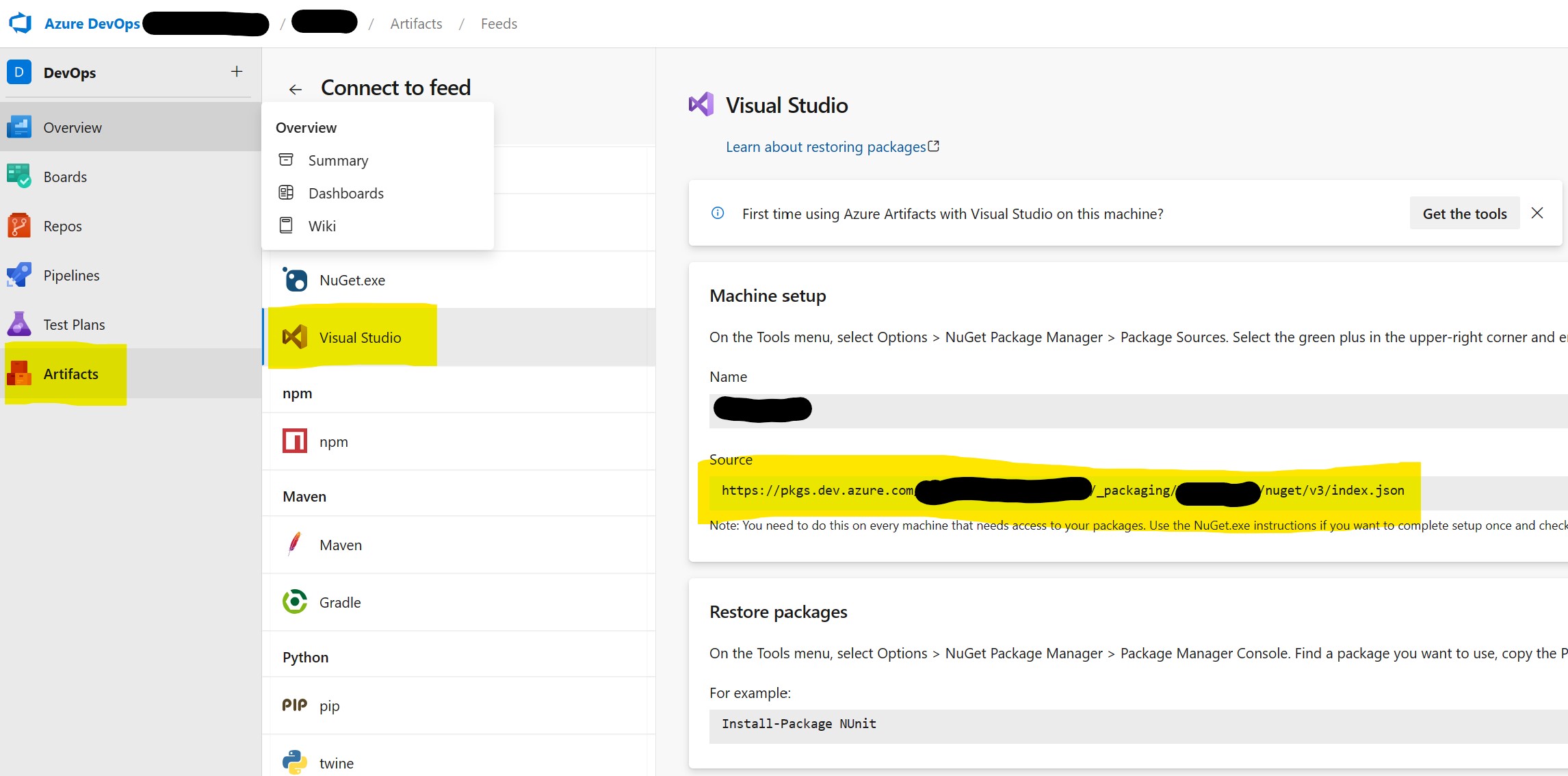 Get the source of a Feed in Azure DevOps