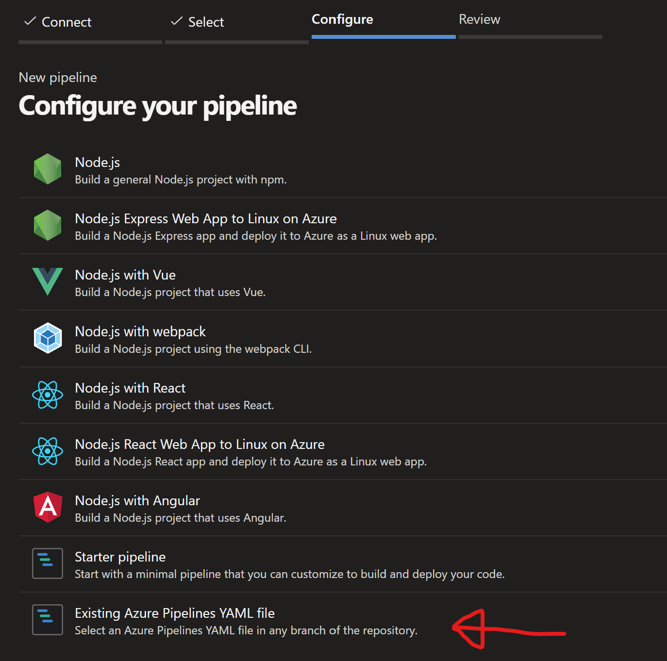 Add an existing Azure pipeline yaml file when creating a pipeline