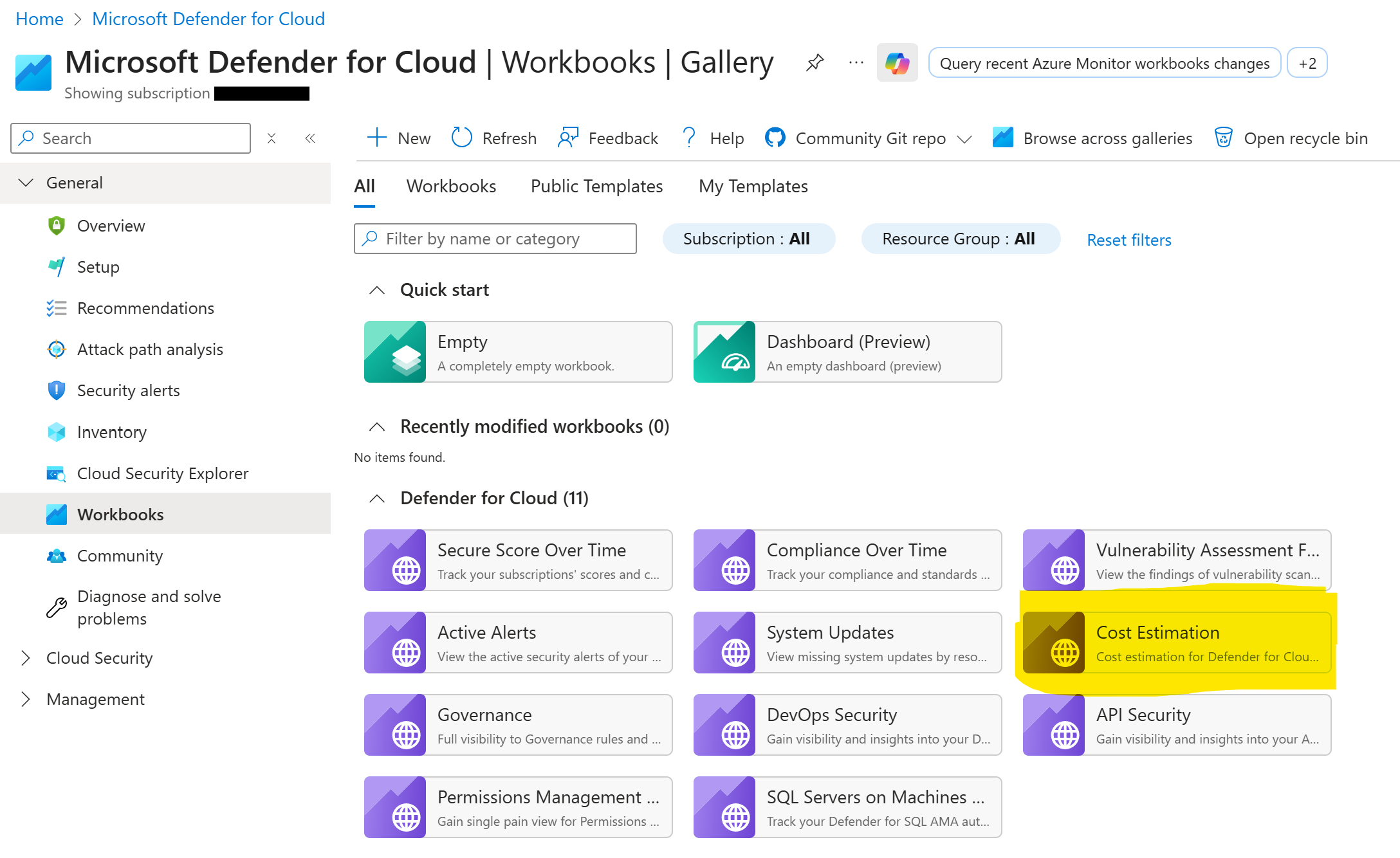The Cost Estimation Workbook in Azure