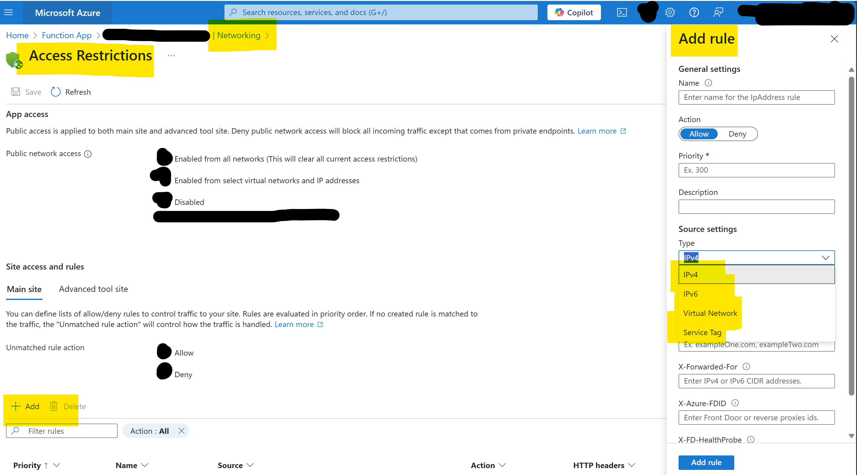 Add a new Access rule in the Networking of an Azure Function