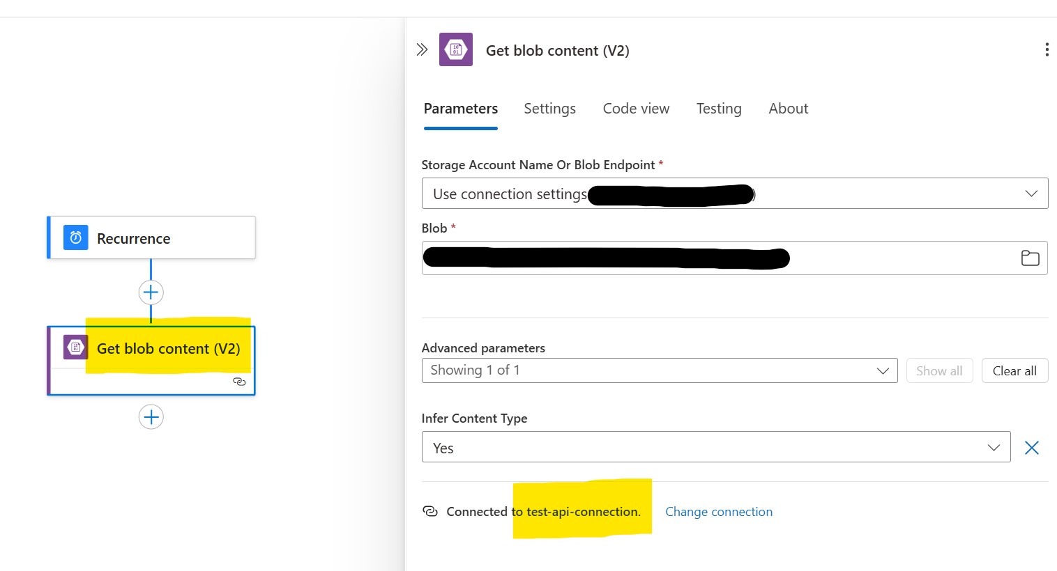 An Azure Logic App gets a blob content by using an Api Connection