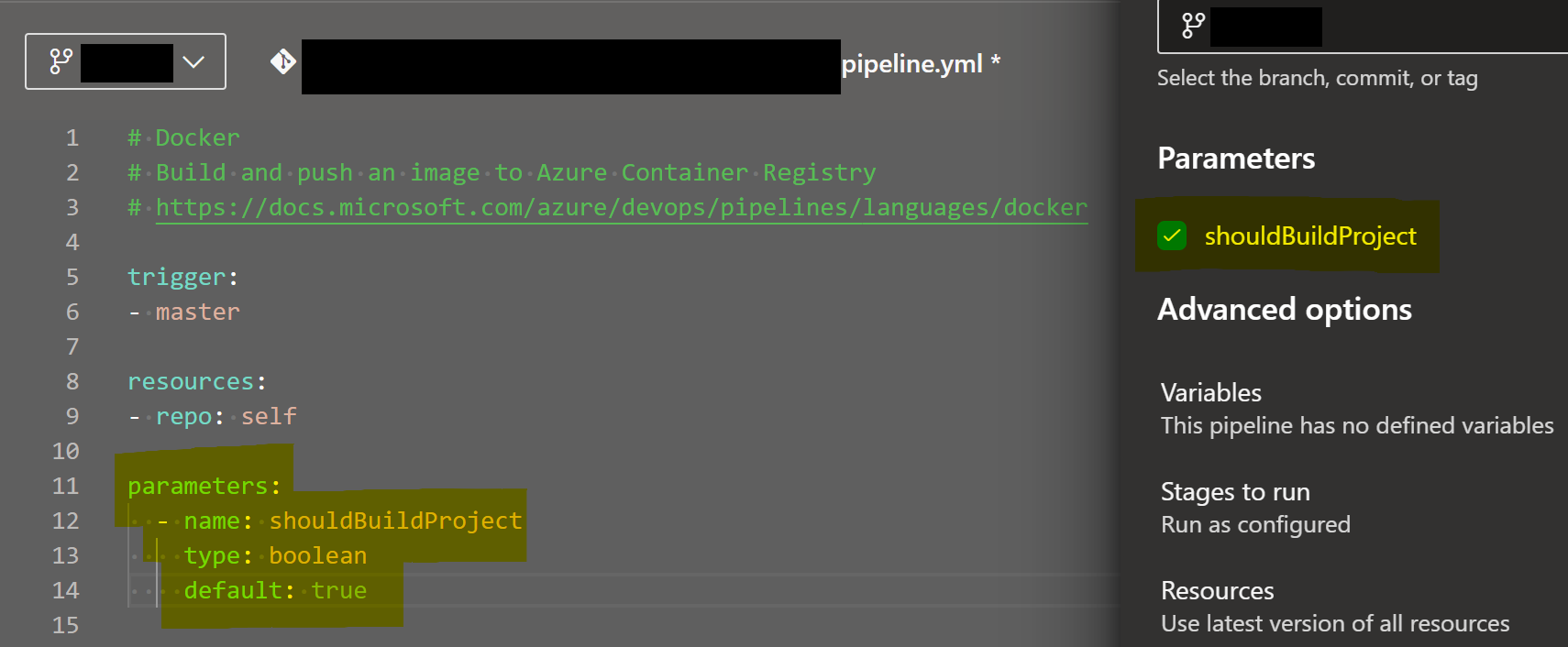 A parameter in an Azure pipeline