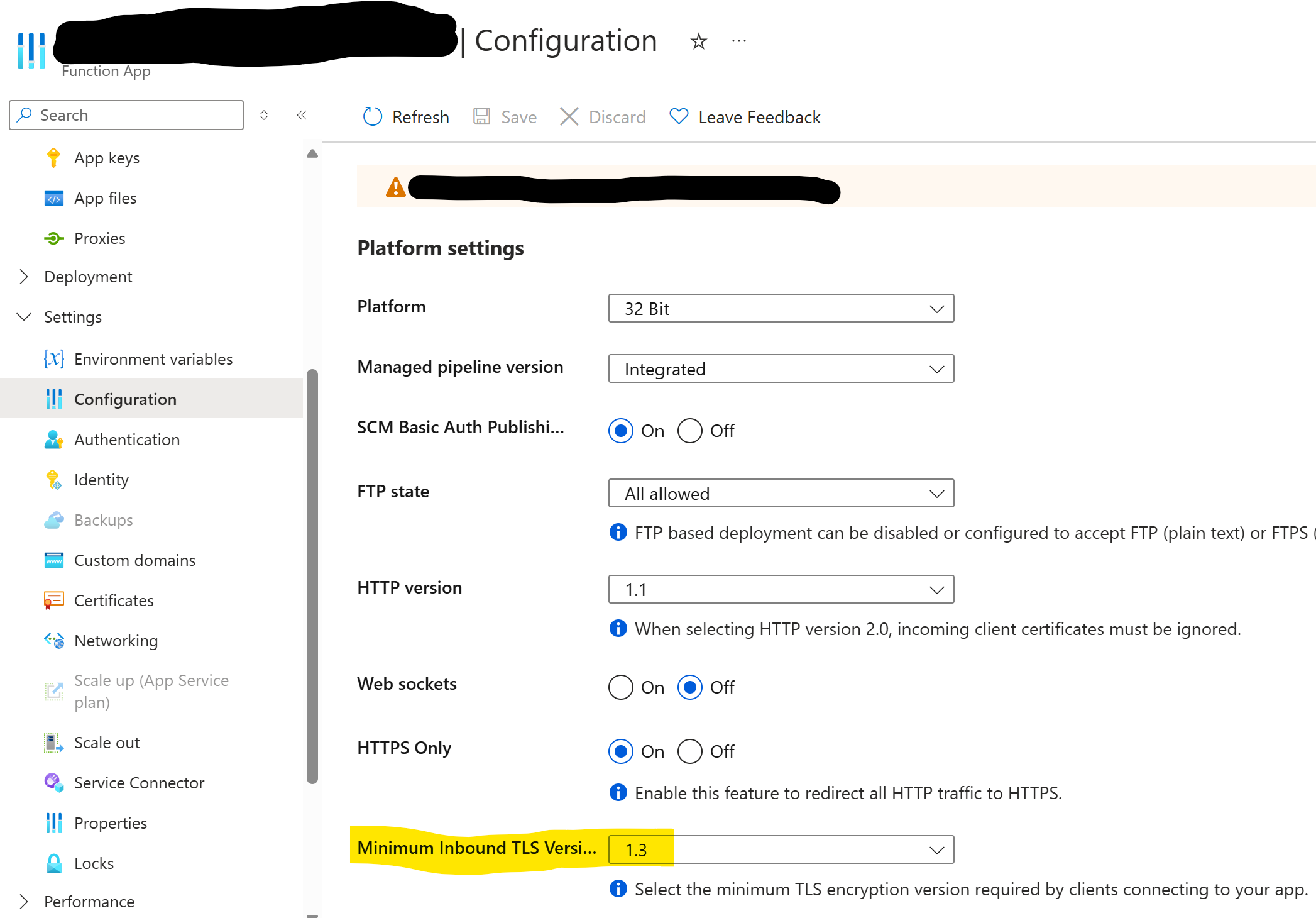 Minimum Inbound TLS Version in Settings of an Azure Function